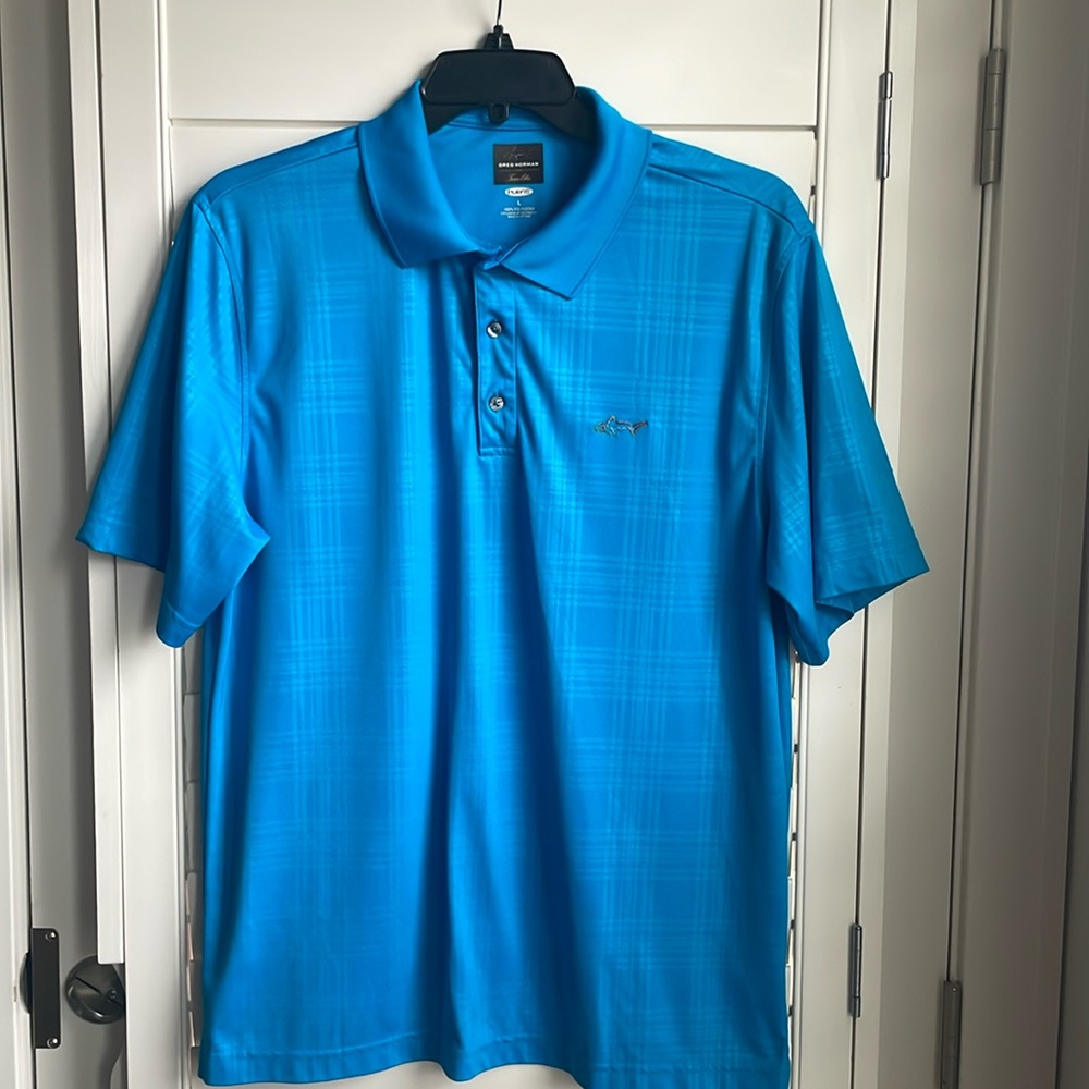 Greg Norman blue on blue plaid polo golf shirt EUC